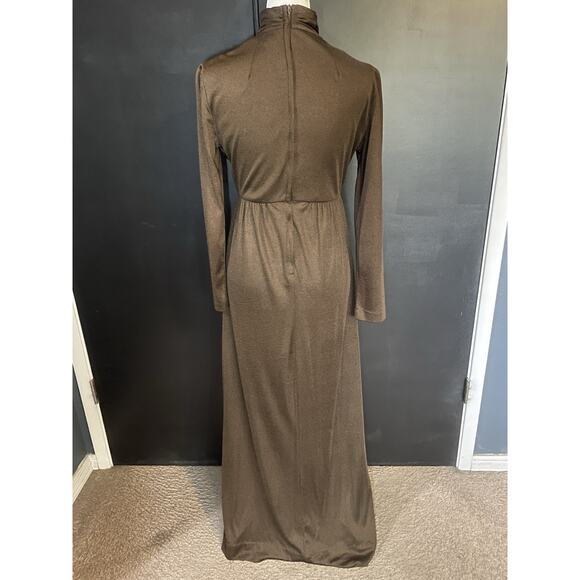 1970s Metallic Bronze Gown w/Draped High Neck/Long Sleeve Maxi–Talon Zipper - Picture 6 of 11